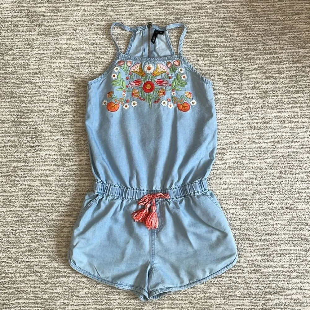 JOE'S Kids Chambray Tencel Denim Floral Embroidered Tank Romper Girls Size 10